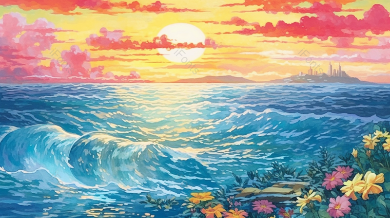 唯美清新自然风景花朵海边日出插画手绘背景壁纸,插画/手绘图,插画/手绘图库,插画/手绘图下载,插画/手绘